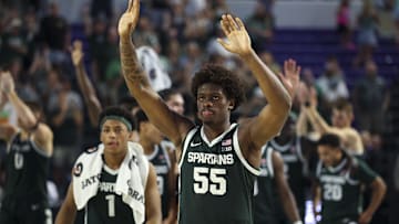 Nov 25, 2025; Fort Myers, Florida, USA; Michigan State Spartans forward Coen Carr (55) reacts after beating the East Carolina Pirates at Suncoast Credit Union Arena. Mandatory Credit: Nathan Ray Seebeck-Imagn Images