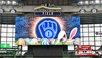 Apr 20, 2025; Milwaukee, Wisconsin, USA; A general view of the Easter Day themed scoreboard signage is seen prior to a game between the Milwaukee Brewers and the Oakland Athletics at American Family Field. Mandatory Credit: Patrick Gorski-Imagn Images