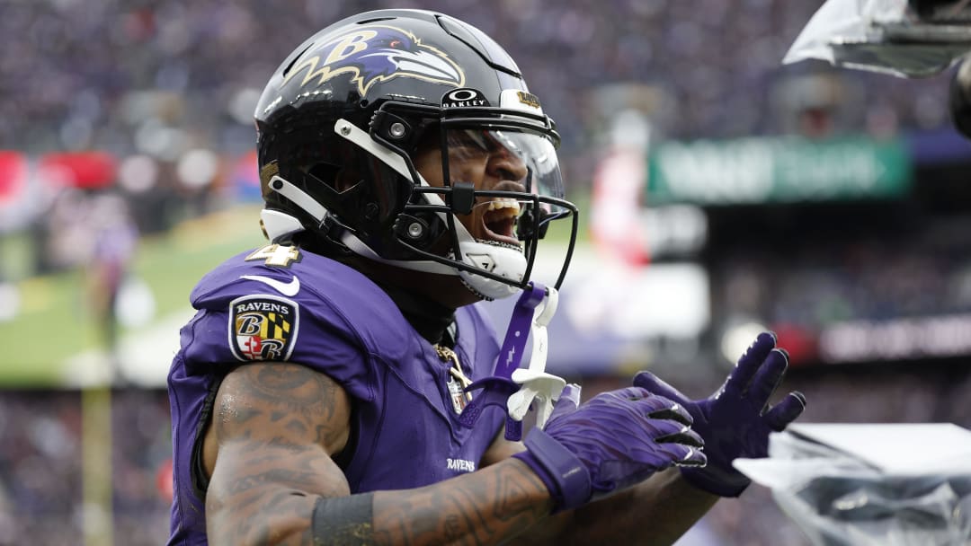 Jan 28, 2024; Baltimore, Maryland, USA; Baltimore Ravens wide receiver Zay Flowers (4) celebrates after scoring a touchdown against the Kansas City Chiefs during the first half in the AFC Championship football game at M&T Bank Stadium. Mandatory Credit: Geoff Burke-USA TODAY Sports