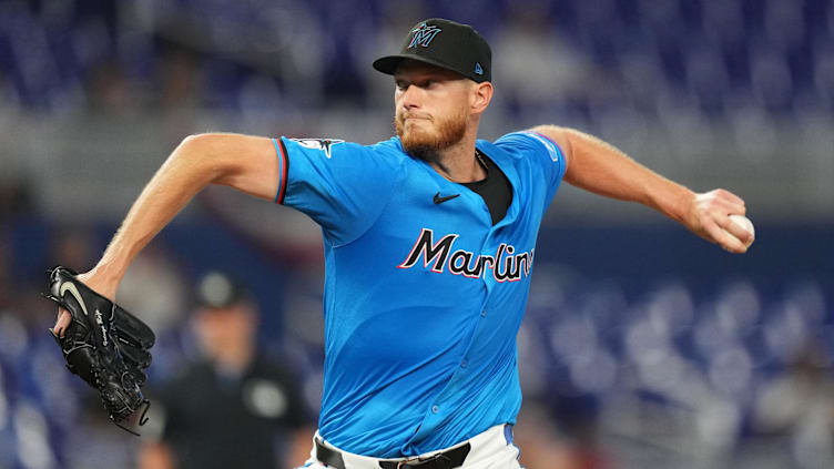 Apr 3, 2024; Miami, Florida, USA; Miami Marlins starting pitcher A.J. Puk (35) pitches in the first inning against the Los Angeles Angels at loanDepot Park. Mandatory Credit: Jim Rassol-USA TODAY Sports