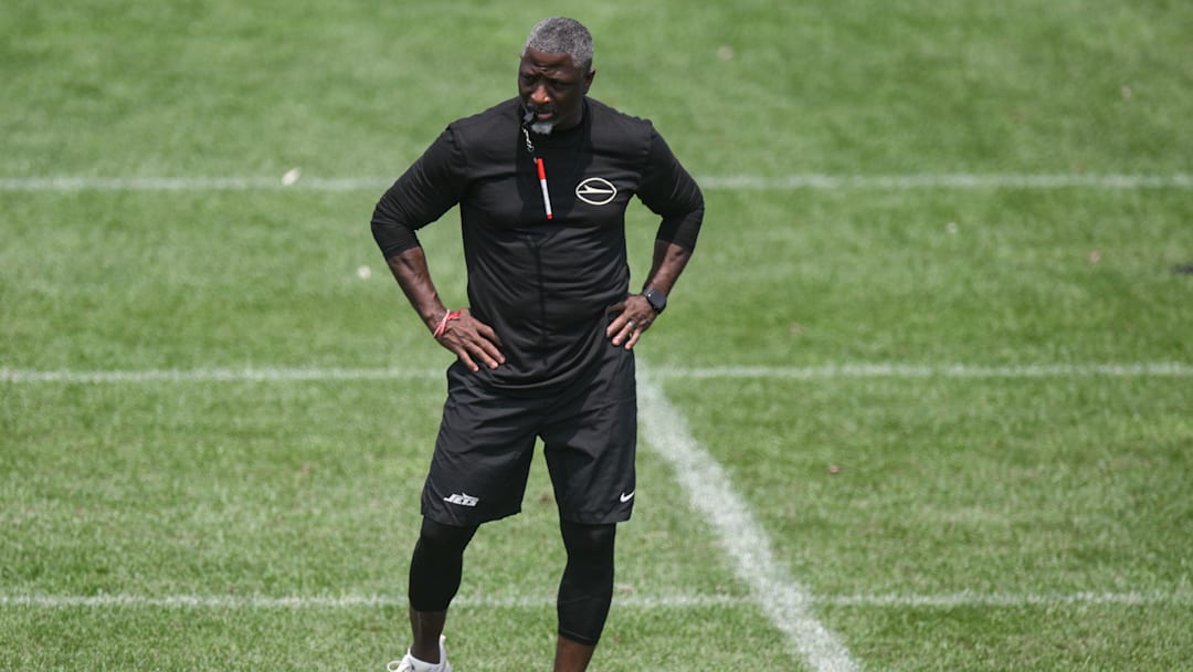 Jun 11, 2025; Florham Park, NY, USA; New York Jets head coach Aaron Glenn looks on during minicamp at Atlantic Health Jets Training Center. Mandatory Credit: John Jones-Imagn Images