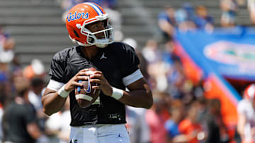Apr 12, 2025; Gainesville, FL, USA; Florida Gators quarterback DJ Lagway (2) looks to throw before the game at Ben Hill Griffin Stadium. Mandatory Credit: Matt Pendleton-Imagn Images