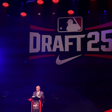 Jul 13, 2025; Atlanta, GA, USA; MLB Commissioner Rob Manfred opens the MLB Draft at The Coca-Cola Roxy. Mandatory Credit: Brett Davis-Imagn Images
