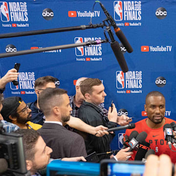 May 29, 2019; Toronto, Ontario, CAN; Toronto Raptors center Serge Ibaka (9) speaks during media day for the 2019 NBA Finals at Scotiabank Arena. Mandatory Credit: Kyle Terada-Imagn Images