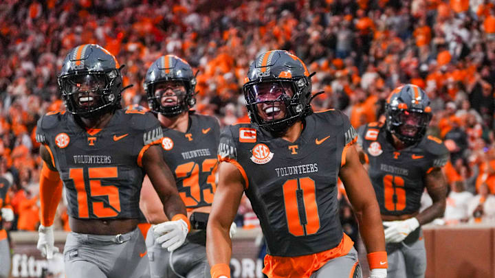 Tennessee defensive back William Wright (0) celebrates after a pick-six during a NCAA football game between Tennessee Volunteers and New Mexico State Aggies at Neyland Stadium in Knoxville, Tenn., on Nov. 15, 2025.