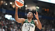 Aug 15, 2025; Vancouver, British Columbia, CAN;  Seattle Storm forward Nneka Ogwumike (3) drives to the basket  against the Atlanta Dream during the second half at Rogers Arena. Mandatory Credit: Anne-Marie Sorvin-Imagn Images 