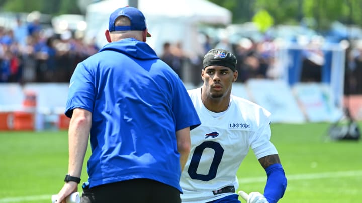 Jul 24, 2024; Rochester, NY, USA; Buffalo Bills wide receiver Keon Coleman (0) runs a pass route during training camp at St. John Fisher University. Mandatory Credit: Mark Konezny-USA TODAY Sports