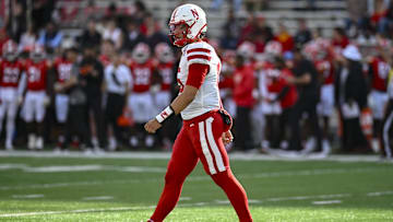 Oct 11, 2025; College Park, Maryland, USA;  Nebraska Cornhuskers quarterback Dylan Raiola (15) walks across the field during the game against the Maryland Terrapins at SECU Stadium. Mandatory Credit: Tommy Gilligan-Imagn Images