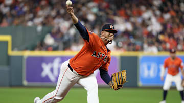 Aug 30, 2024; Houston, Texas, USA; Houston Astros starting pitcher Hunter Brown (58) pitches to Kansas City Royals center fielder Kyle Isbel (28) (not pictured) in the eighth  inning at Minute Maid Park. 