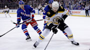 Feb 5, 2025; New York, New York, USA; Boston Bruins center Charlie Coyle (13) controls the puck against New York Rangers left wing Artemi Panarin (10) and center Mika Zibanejad (93) during the first period at Madison Square Garden. Mandatory Credit: Brad Penner-Imagn Images
