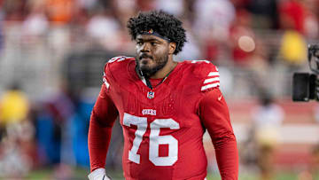 August 19, 2023; Santa Clara, California, USA; San Francisco 49ers guard Jaylon Moore (76) after the game against the Denver Broncos at Levi's Stadium. Mandatory Credit: Kyle Terada-Imagn Images