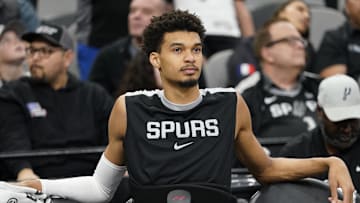 Jan 31, 2025; San Antonio, Texas, USA; San Antonio Spurs center Victor Wembanyama (1) rests before a game against the Milwaukee Bucks at Frost Bank Center. Mandatory Credit: Scott Wachter-Imagn Images