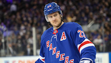 Jan 18, 2025; New York, New York, USA; New York Rangers defenseman Adam Fox (23) skates against the Columbus Blue Jackets during the first period at Madison Square Garden. Mandatory Credit: Danny Wild-Imagn Images