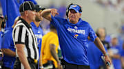 Aug 23, 2025; Lawrence, Kansas, USA; Kansas Jayhawks head coach Lance Leipold reacts after a play during the second half against the Fresno State Bulldogs at David Booth Kansas Memorial Stadium. Mandatory Credit: Jay Biggerstaff-Imagn Images