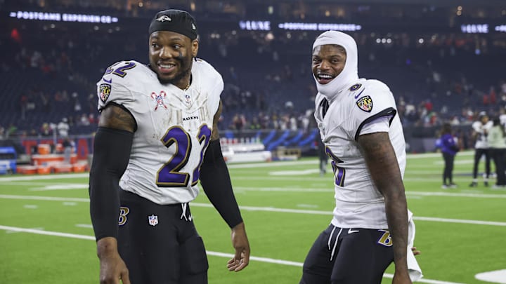 Baltimore Ravens running back Derrick Henry and quarterback Lamar Jackson smile after the game against the Houston Texans. Baltimore Ravens running back Derrick Henry and quarterback Lamar Jackson smile after the game against the Houston Texans.
