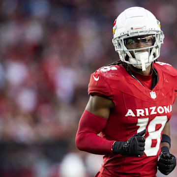 Jan 5, 2025; Glendale, Arizona, USA; Arizona Cardinals wide receiver Marvin Harrison Jr. (18) against the San Francisco 49ers at State Farm Stadium. Mandatory Credit: Mark J. Rebilas-Imagn Images