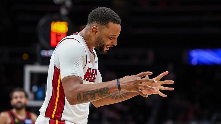 Dec 26, 2025; Atlanta, Georgia, USA; Miami Heat guard Norman Powell (24) reacts to a call during the game against the Atlanta Hawks during the fourth quarter at State Farm Arena. Mandatory Credit: Jordan Godfree-Imagn Images