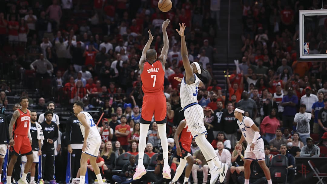 Nov 16, 2025; Houston, Texas, USA; Houston Rockets forward Kevin Durant (7) shoots and scores a basket as Orlando Magic center Wendell Carter Jr. (34) defends during the fourth quarter at Toyota Center. Mandatory Credit: Troy Taormina-Imagn Images Nov 16, 2025; Houston, Texas, USA; Houston Rockets forward Kevin Durant (7) shoots and scores a basket as Orlando Magic center Wendell Carter Jr. (34) defends during the fourth quarter at Toyota Center. Mandatory Credit: Troy Taormina-Imagn Images