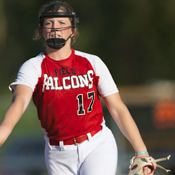 Field's Maddie Burge pitches during a high school softball game against the Coventry Comets Monday, April 29, 2024 in Coventry Township.
