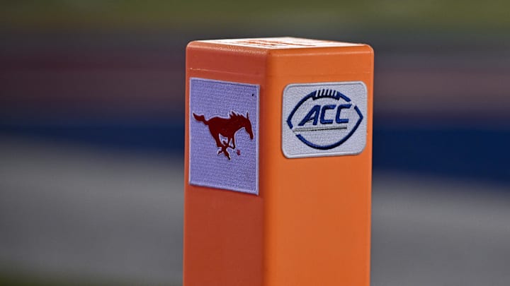 Sep 6, 2024; Dallas, Texas, USA; A view of the SMU logo and ACC logo during the game between the Southern Methodist Mustangs and the Brigham Young Cougars at Gerald J. Ford Stadium. Mandatory Credit: Jerome Miron-Imagn Images Sep 6, 2024; Dallas, Texas, USA; A view of the SMU logo and ACC logo during the game between the Southern Methodist Mustangs and the Brigham Young Cougars at Gerald J. Ford Stadium. Mandatory Credit: Jerome Miron-Imagn Images