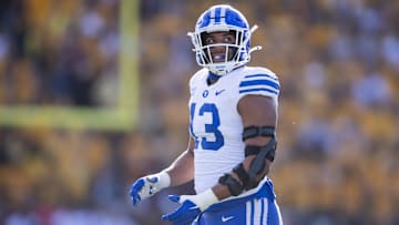 Nov 23, 2024; Tempe, Arizona, USA; Brigham Young Cougars defensive end Isaiah Bagnah (13) against the Arizona State Sun Devils at Mountain America Stadium. Mandatory Credit: Mark J. Rebilas-Imagn Images