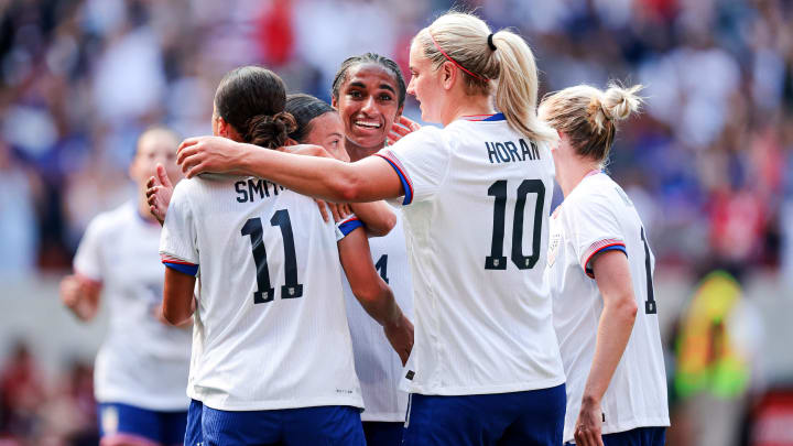 Jul 13, 2024; Harrison, New Jersey, USA; United States forward Sophia Smith (11) celebrates her goal with teammates during the second half against Mexico at Red Bull Arena. Mandatory Credit: Vincent Carchietta-USA TODAY Sports