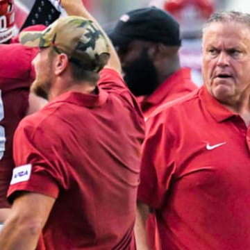 Arkansas Razorbacks coach Sam Pittman on the sidelines during game with UAPB in Little Rock, Ark.