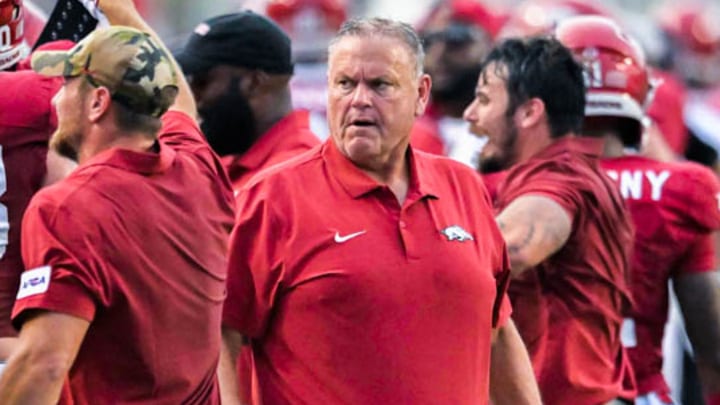 Arkansas Razorbacks coach Sam Pittman on the sidelines during game with UAPB in Little Rock, Ark.