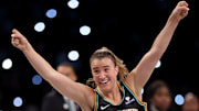 New York Liberty's Sabrina Ionescu celebrates winning a challenge.