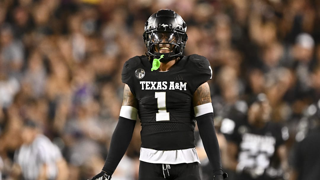 Oct 26, 2024; College Station, Texas, USA; Texas A&M Aggies defensive back Bryce Anderson (1) reacts against the LSU Tigers during the third quarter. The Aggies defeated the Tigers 38-23; at Kyle Field. Mandatory Credit: Maria Lysaker-Imagn Images.  
