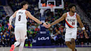 Jan 8, 2025; New Orleans, Louisiana, USA; Portland Trail Blazers forward Deni Avdija (8) and Portland Trail Blazers guard Scoot Henderson (00) celebrate during the second half against the New Orleans Pelicans at Smoothie King Center. Mandatory Credit: Matthew Hinton-Imagn Images