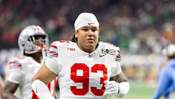 Jan 20, 2025; Atlanta, GA, USA; Ohio State Buckeyes defensive tackle Hero Kanu (93) against the Notre Dame Fighting Irish during the CFP National Championship college football game at Mercedes-Benz Stadium. Mandatory Credit: Mark J. Rebilas-Imagn Images