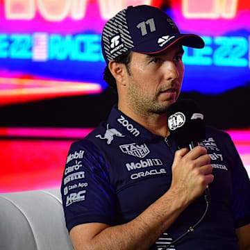 Nov 15, 2023; Las Vegas, Nevada, USA; Red Bull Racing driver Sergio Perez of Mexico during media availabilities at Las Vegas Strip Circuit. Mandatory Credit: Gary A. Vasquez-Imagn Images