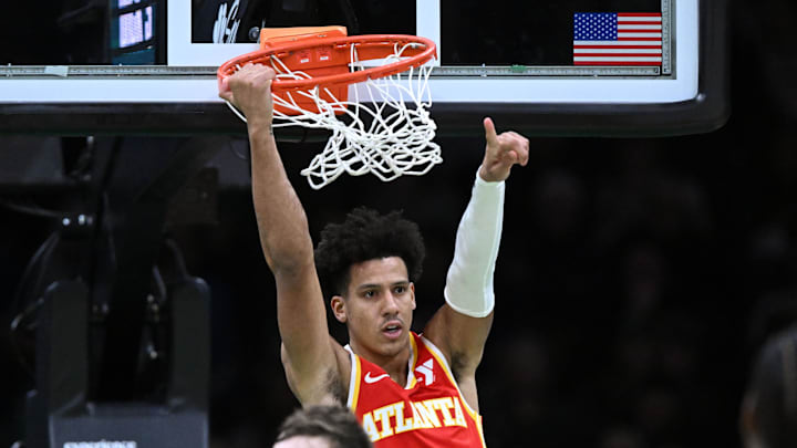 Atlanta Hawks forward Jalen Johnson (1) reacts after scoring against the Boston Celtics during the third quarter at the TD Garden
