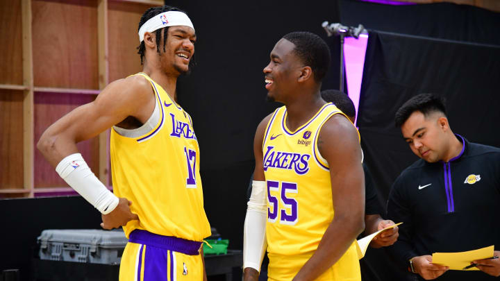 Oct 2, 2023; El Segundo, CA, USA; Los Angeles Lakers forward Alex Fudge (17) speaks with guard D   Moi Hodge (55) during media day at UCLA Health Training Center. Mandatory Credit: Gary A. Vasquez-USA TODAY Sports