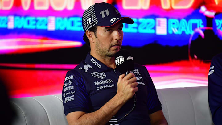 Nov 15, 2023; Las Vegas, Nevada, USA; Red Bull Racing driver Sergio Perez of Mexico during media availabilities at Las Vegas Strip Circuit. Mandatory Credit: Gary A. Vasquez-Imagn Images