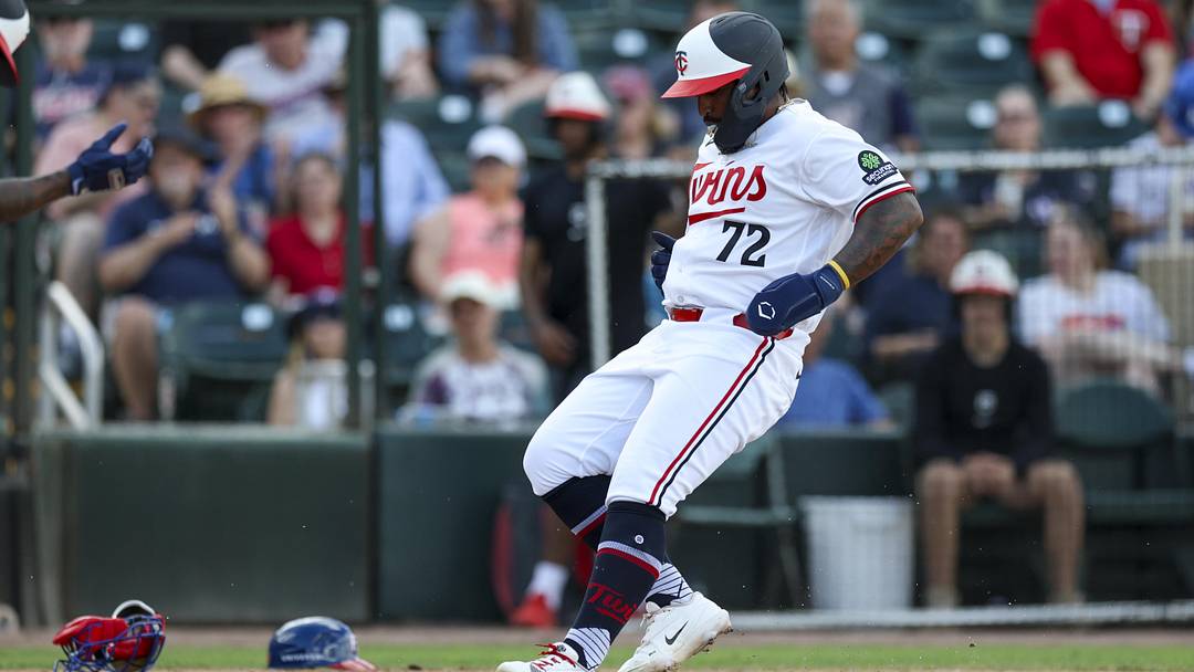 Mar 4, 2026; Fort Myers, Florida, USA; Minnesota Twins right fielder Gabriel Gonzalez (72) scores a run on a wild pitch against against the Puerto Rico in the seventh inning during spring training at Lee Health Sports Complex/Hammond Stadium.