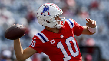Sep 21, 2025; Foxborough, Massachusetts, USA; New England Patriots quarterback Drake Maye (10) warms up before the game aginst the Pittsburgh Steelers at Gillette Stadium. Mandatory Credit: Paul Rutherford-Imagn Images