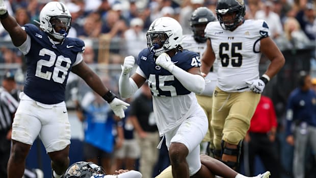 Penn State Nittany Lions defensive tackle Enai White reacts after sacking FIU Panthers quarterback Keyone Jenkins.