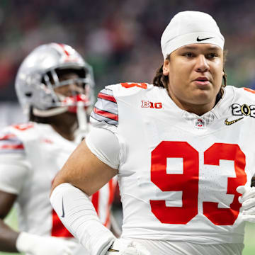 Jan 20, 2025; Atlanta, GA, USA; Ohio State Buckeyes defensive tackle Hero Kanu (93) against the Notre Dame Fighting Irish during the CFP National Championship college football game at Mercedes-Benz Stadium. Mandatory Credit: Mark J. Rebilas-Imagn Images