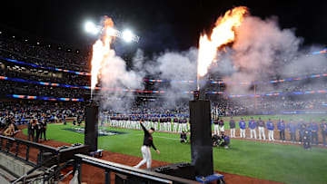 Oct 16, 2024; New York City, New York, USA; New York Mets first base Pete Alonso (20) reacts during players introductions before game three of the NLCS for the 2024 MLB playoffs at Citi Field. 