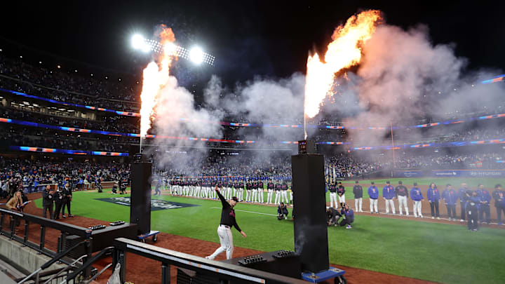 Oct 16, 2024; New York City, New York, USA; New York Mets first base Pete Alonso (20) reacts during players introductions before game three of the NLCS for the 2024 MLB playoffs at Citi Field. Oct 16, 2024; New York City, New York, USA; New York Mets first base Pete Alonso (20) reacts during players introductions before game three of the NLCS for the 2024 MLB playoffs at Citi Field.