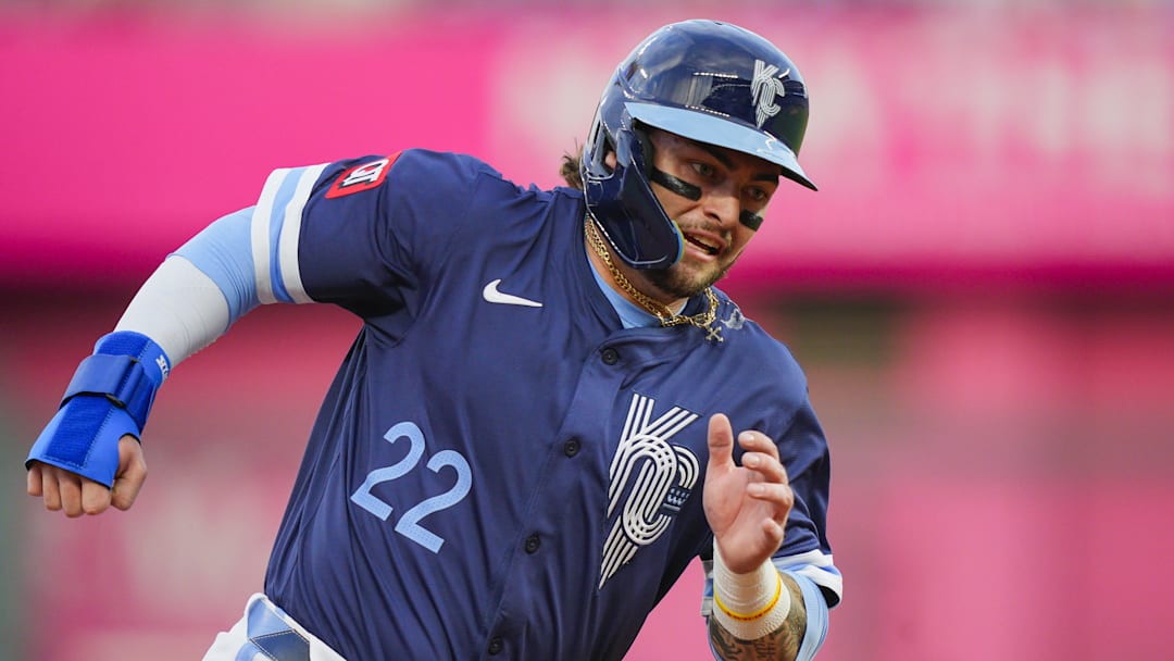 Kansas City Royals catcher Carter Jensen (22) rounds third base 