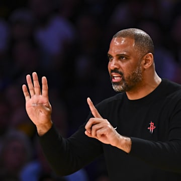 Apr 11, 2025; Los Angeles, California, USA; Houston Rockets head coach Ime Udoka reacts against the Los Angeles Lakers during the second half at Crypto.com Arena. Mandatory Credit: Jonathan Hui-Imagn Images
