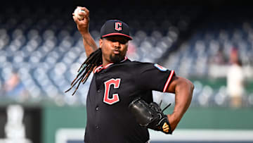 May 6, 2025; Washington, District of Columbia, USA;  Cleveland Guardians starting pitcher Luis Ortiz (45) delivers a pitch during the sixth inning against the Washington Nationals at Nationals Park. Mandatory Credit: James A. Pittman-Imagn Images