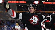 Jan 11, 2024; Buffalo, New York, USA;  Buffalo Sabres right wing Tage Thompson (72) reacts after scoring a goal during the first period against the Ottawa Senators at KeyBank Center. Mandatory Credit: Timothy T. Ludwig-USA TODAY Sports