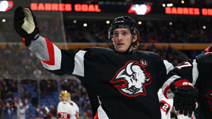 Jan 11, 2024; Buffalo, New York, USA;  Buffalo Sabres right wing Tage Thompson (72) reacts after scoring a goal during the first period against the Ottawa Senators at KeyBank Center. Mandatory Credit: Timothy T. Ludwig-USA TODAY Sports