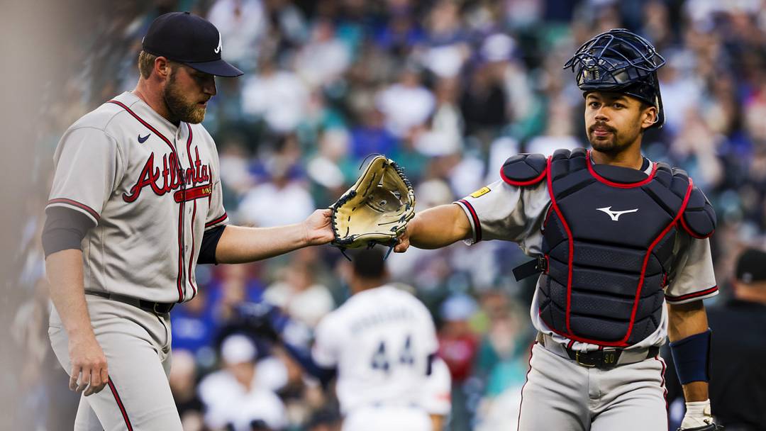 May 5, 2026; Seattle, Washington, USA; Atlanta Braves starting pitcher Bryce Elder (55) and catcher Drake Baldwin (30) bump fists following the first inning against the Seattle Mariners at T-Mobile Park. Mandatory Credit: Joe Nicholson-Imagn Images