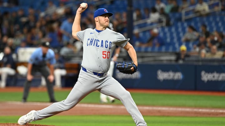 Jun 11, 2024; St. Petersburg, Florida, USA; Chicago Cubs starting pitcher Jameson Taillon (50) throws a pitch in the first inning against the Tampa Bay Rays  at Tropicana Field. Mandatory Credit: Jonathan Dyer-USA TODAY Sports