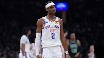 Mar 12, 2025; Boston, Massachusetts, USA; Oklahoma City Thunder guard Shai Gilgeous-Alexander (2) returns up court against the Boston Celtics in the second quarter at TD Garden. Mandatory Credit: David Butler II-Imagn Images